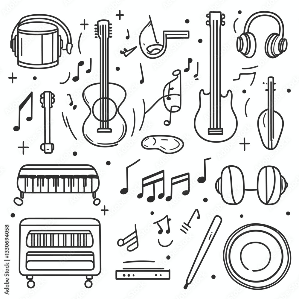 Obraz premium Musical Instruments and Notes in Black and White Doodle Illustration