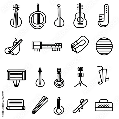 Collection of Simple Line Art Musical Instruments on White Background