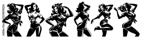 pin-up girl collection in vintage retro style black silhouette vector shape