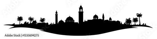 middle eastern city skyline with domes and palm trees in cultural black vector shape