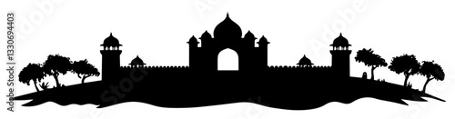 indian palace silhouette with domes and trees in cultural black vector shape