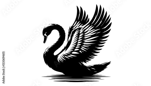 elegant swan with raised wings and water reflection in graceful black vector shape