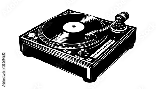 vintage turntable record player with stylus in bold retro black vector shape