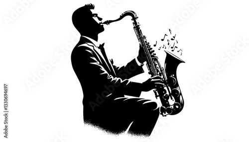 jazz musician playing saxophone in suit black silhouette vector shape