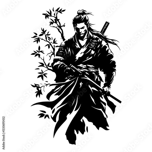 wandering samurai with katana and falling leaves in expressive black vector shape