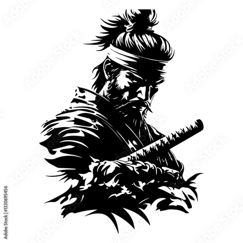 ronin warrior with katana in dramatic black vector shape with engraved detail
