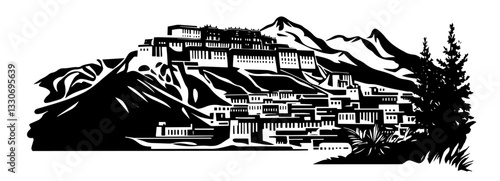 potala palace on mountain with traditional tibetan houses black silhouette vector shape