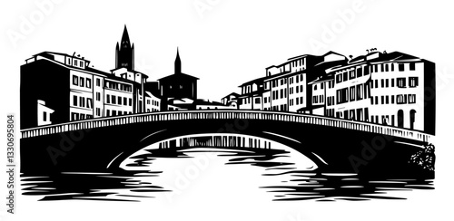 historic italian bridge over river with buildings black silhouette vector shape
