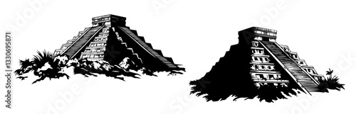 mayan pyramids ancient temple ruins black silhouette vector shape