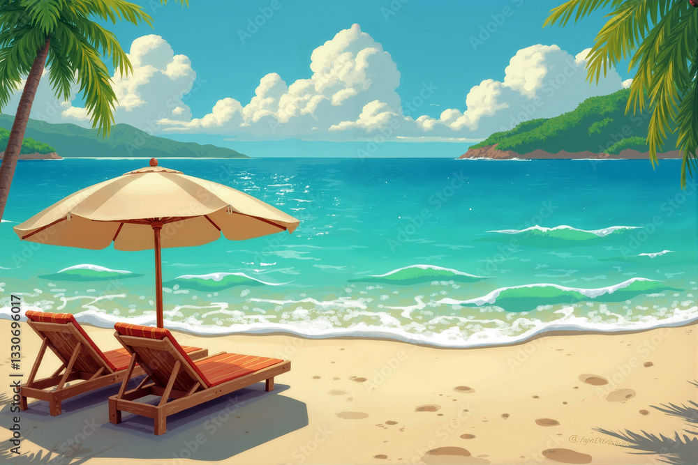 Two sun loungers sit on golden sand under a large umbrella, overlooking turquoise waves and a picturesque coastline on a sunny day - Summer holidays - Generative AI. Two sun loungers sit on golden sand under a large umbrella, overlooking turquoise waves and a picturesque coastline on a sunny day - Summer holidays - Generative AI.