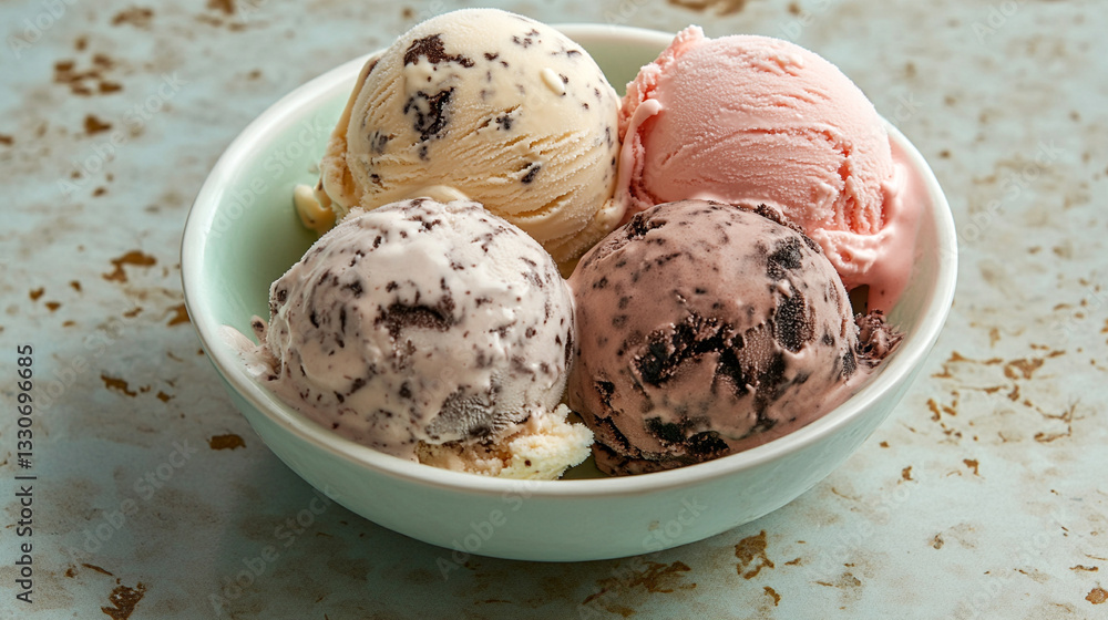 Sweet Summer Treat Four Scoops Of Assorted Ice Cream In A Waffle Cone With Delicious Toppings And A Refreshing Background.