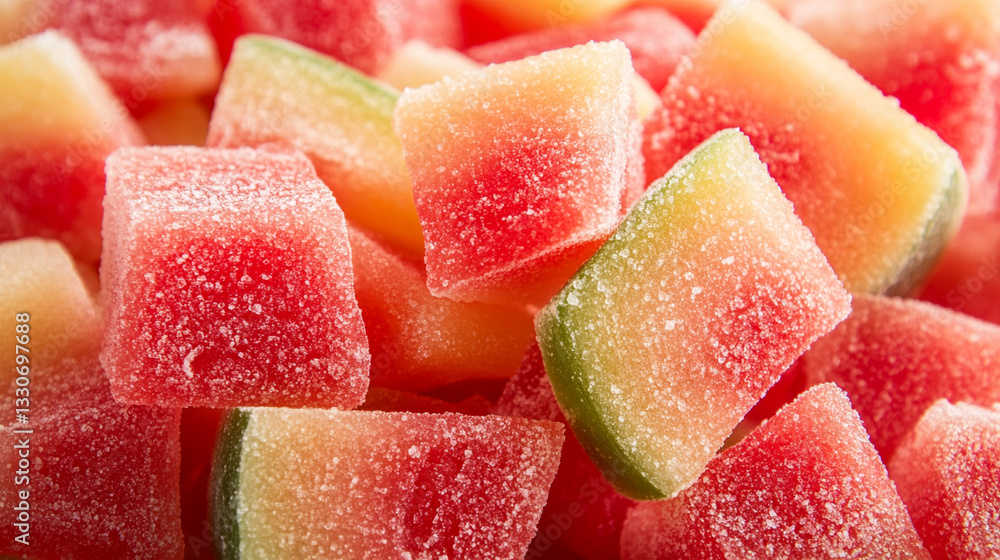 Sweet Watermelon Gummies Background Featuring Juicy Red And Green Sugar Coated Candy Pieces In A Vibrant And Colorful Display.