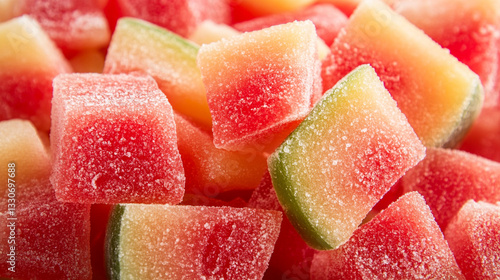 Obraz na płótnie Sweet Watermelon Gummies Background Featuring Juicy Red And Green Sugar Coated Candy Pieces In A Vibrant And Colorful Display.
w salonie