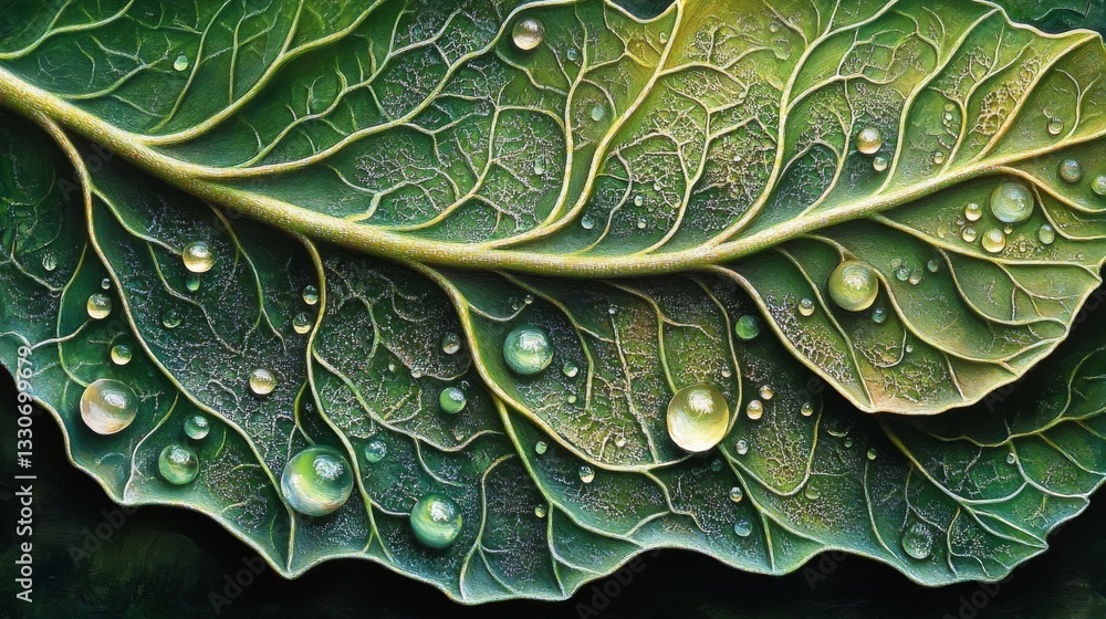 Obraz premium Green Leaf with Water Droplets Detailed Texture