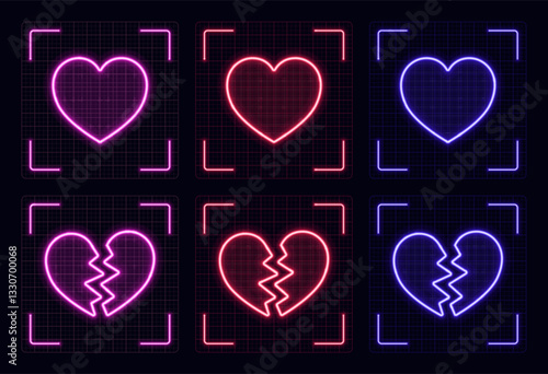 Heart symbol set, cyber neon visual, glowing border grid vector.	