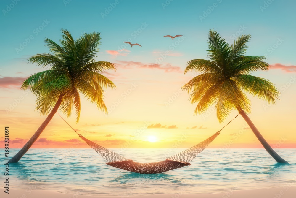 Fototapeta premium Tranquil Tropical Island Escape with Hammock Between Palm Trees at Sunset