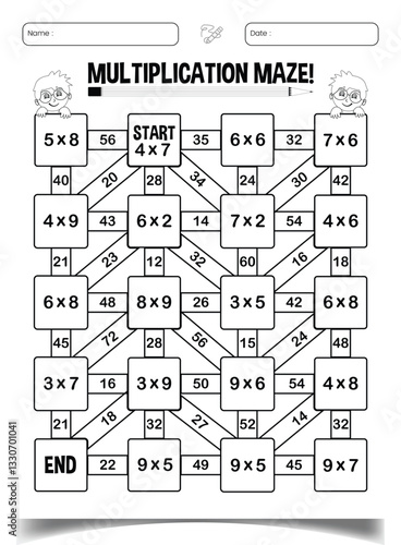 Multiplication maze puzzle worksheet for children