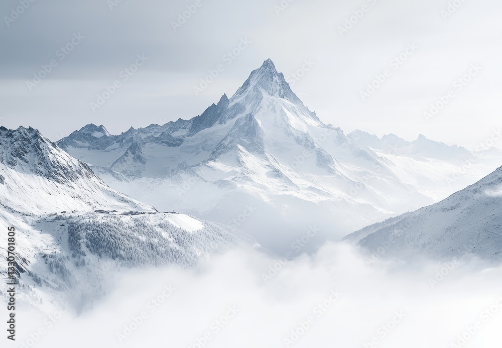 Obraz premium Majestic Snow-Capped Mountain Peaks Rising Above Mysterious Foggy Valley in Serene Winter Landscape