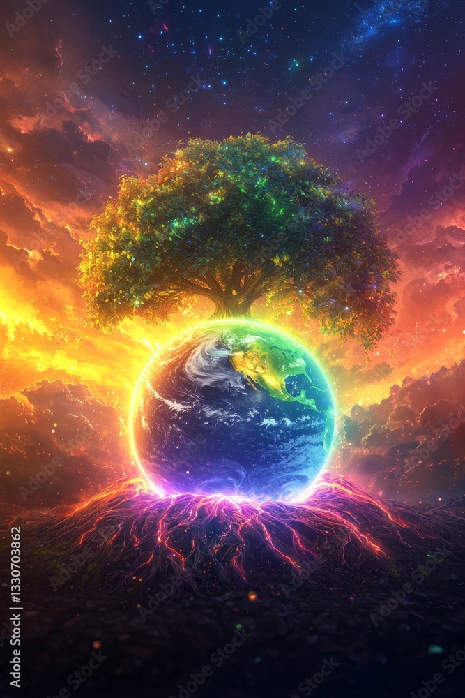 Nature's harmony vibrant tree atop planet earth cosmic landscape surreal art inspirational viewpoint Nature's harmony vibrant tree atop planet earth cosmic landscape surreal art inspirational viewpoint