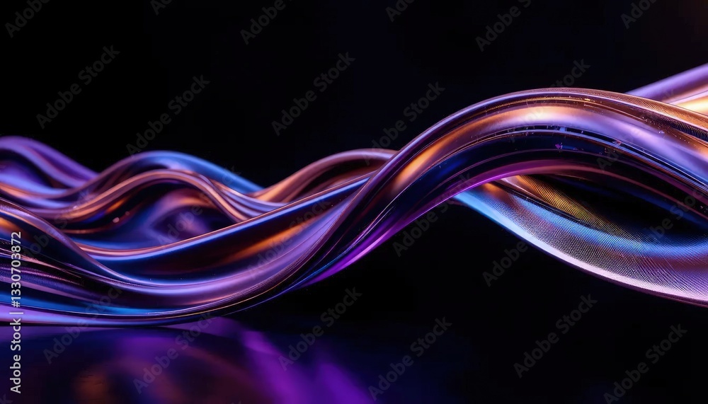 Abstract fluid holographic iridescent purple curved wave in dark background 3d render. Gradient design element for backgrounds, wallpapers, posters and covers. Abstract fluid holographic iridescent purple curved wave in dark background 3d render. Gradient design element for backgrounds, wallpapers, posters and covers.