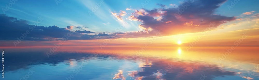 Fototapeta premium Vibrant sunset paints the sky with warm hues of orange and pink, reflecting beautifully on the tranquil ocean water, creating a serene and breathtaking scene with colorful clouds