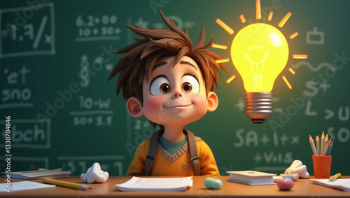 Young cartoon student has a bright idea with lightbulb in classroom setting