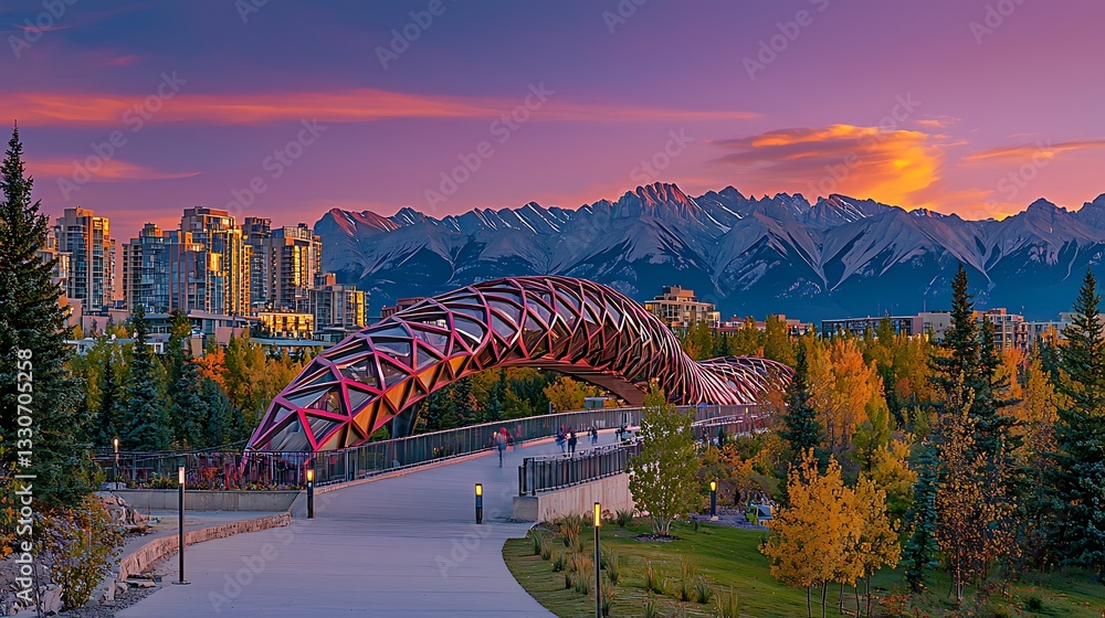 Fototapeta premium Urban bridge spans a vibrant autumn landscape, framed by majestic mountains at golden hour