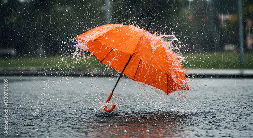 Blue umbrella under heavy rain splash