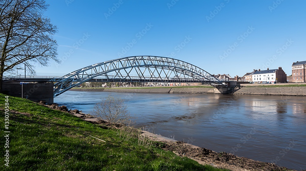 Naklejka premium Steel arch bridge over calm river