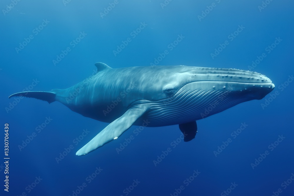 Naklejka premium Majestic Blue Whale Swimming Peacefully Beneath the Ocean Surface