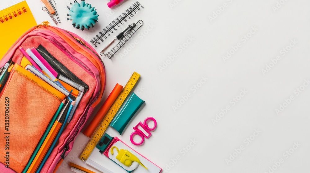 Backpack filled with colorful school supplies on a white background – back to school flat lay composition with notebooks, pencils, markers, and stationery items, perfect for education, learning, and a Backpack filled with colorful school supplies on a white background – back to school flat lay composition with notebooks, pencils, markers, and stationery items, perfect for education, learning, and a