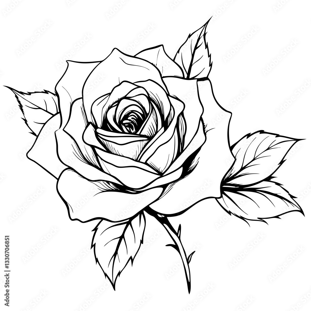 a detailed illustration of a beautiful rose with leaves, perfect for art and design a detailed illustration of a beautiful rose with leaves, perfect for art and design