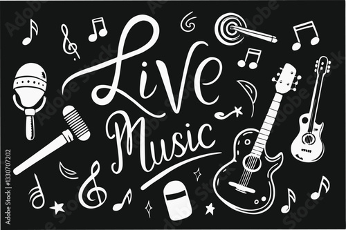 Illustration depicting the vibrancy of live music with musical instruments and notes on a black background