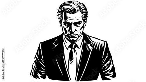 a serious man in a suit looks directly at the camera, showcasing his intense expression. The black and grey aesthetic emphasizes his stern and authoritative appearance