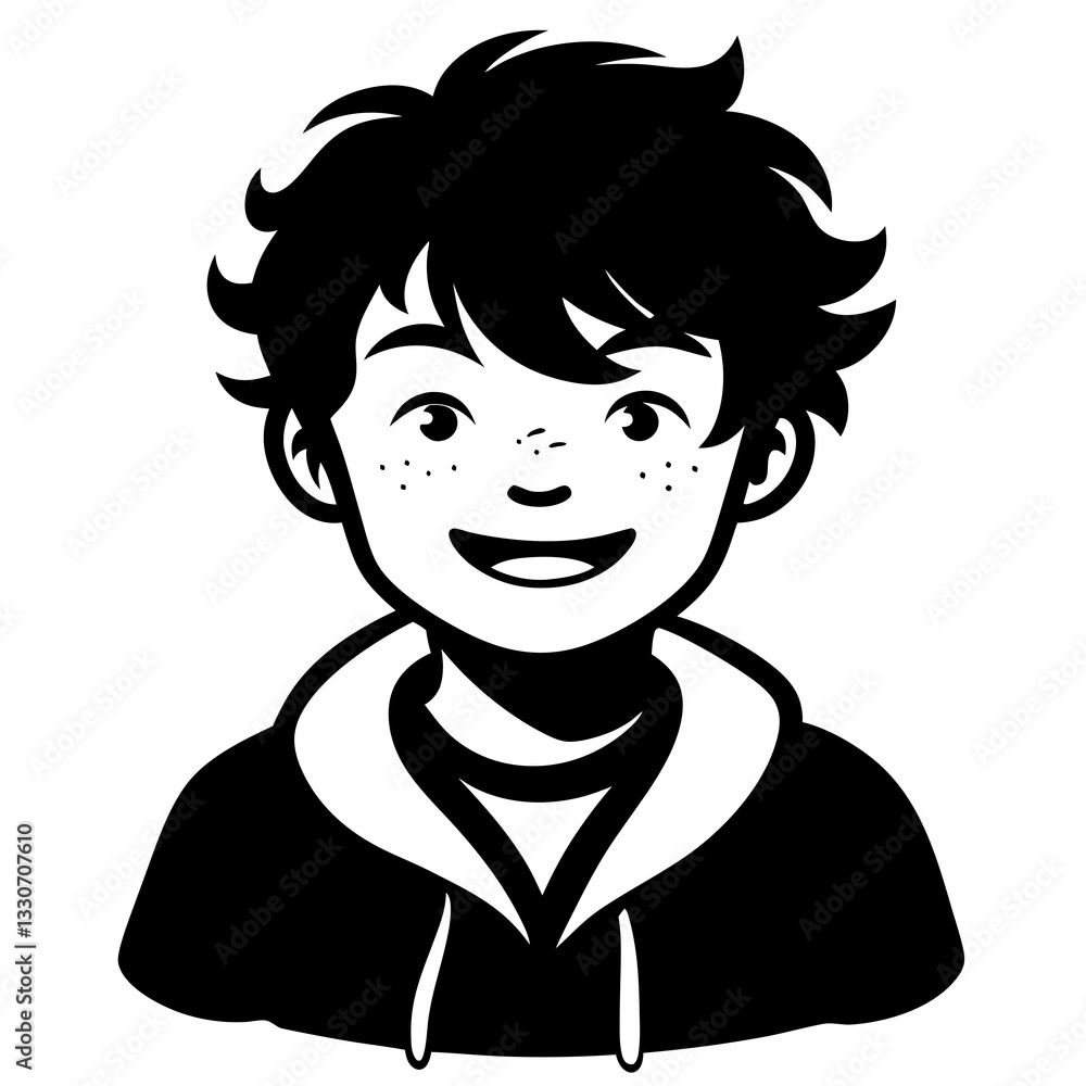 a boy's black and white portrait, smiling with freckles and a hoodie, vector illustration a boy's black and white portrait, smiling with freckles and a hoodie, vector illustration