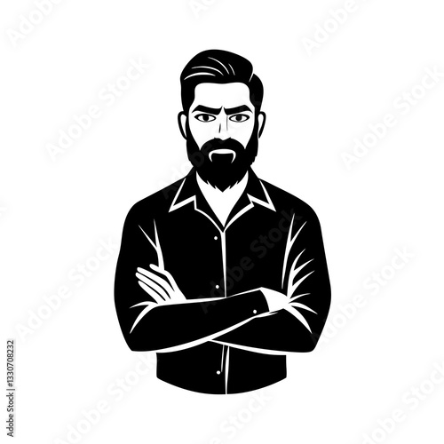 a stern-looking man with a beard stands with arms crossed vector illustration