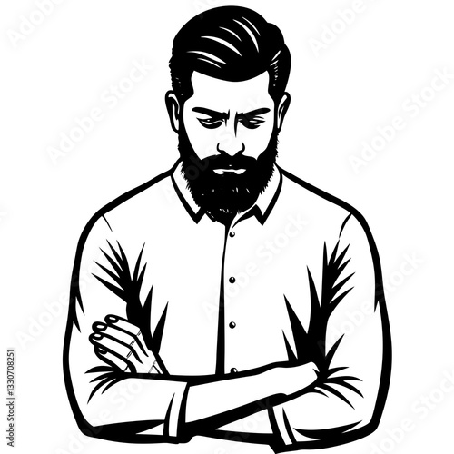a man with a full beard and folded arms, expressing thoughtful or serious emotions, monochrome vector illustration