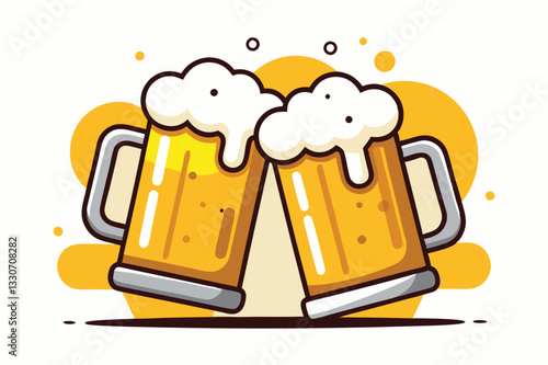 Cheers with two frothy beer mugs clinking together against a bright yellow background in a cheerful celebration moment