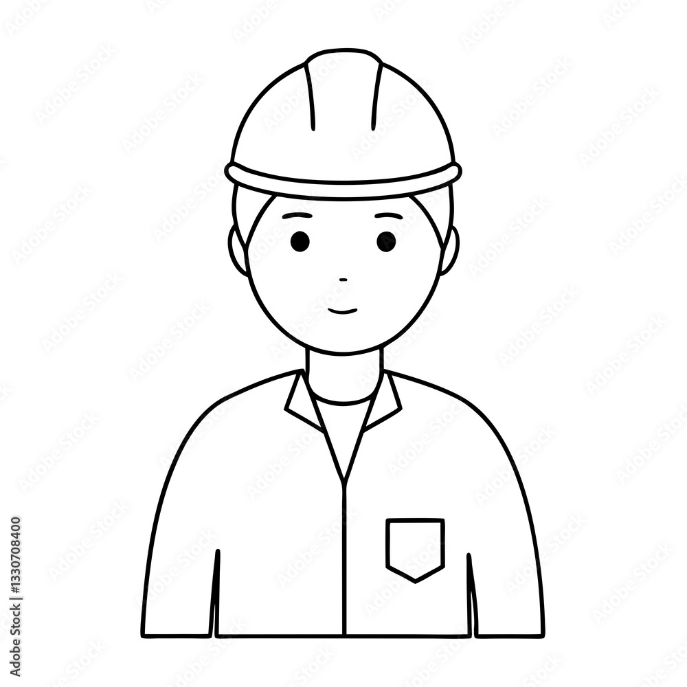 a line art vector illustration of a construction worker with a hard hat and a buttoned shirt. The worker has a neutral expression a line art vector illustration of a construction worker with a hard hat and a buttoned shirt. The worker has a neutral expression