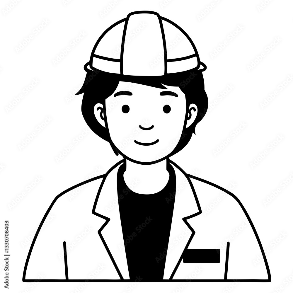 an engineer wearing a hard hat, in a black and white drawing. The person has a friendly expression vector illustration an engineer wearing a hard hat, in a black and white drawing. The person has a friendly expression vector illustration