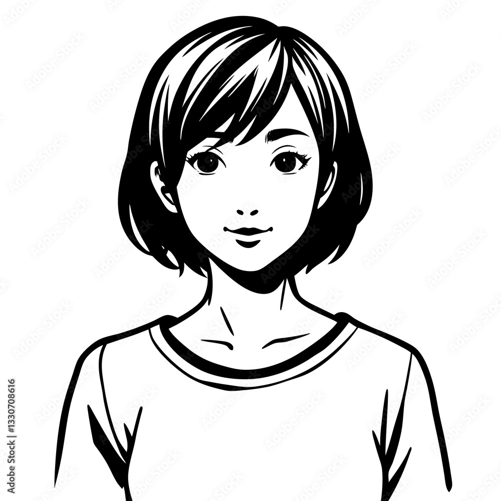 an elegant black and white illustration of a young woman. She has short hair, a serene expression, and is wearing a casual top. vector illustration an elegant black and white illustration of a young woman. She has short hair, a serene expression, and is wearing a casual top. vector illustration