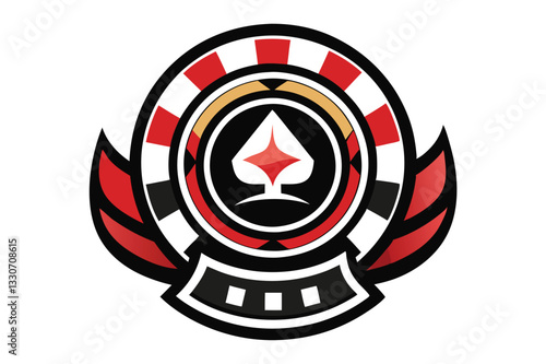 Vector illustration logo of a stylized poker chip with a shield and spade symbol surrounded by geometric patterns in warm colors
