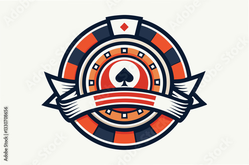 Vector illustration logo of a stylized poker chip with a shield and spade symbol surrounded by geometric patterns in warm colors