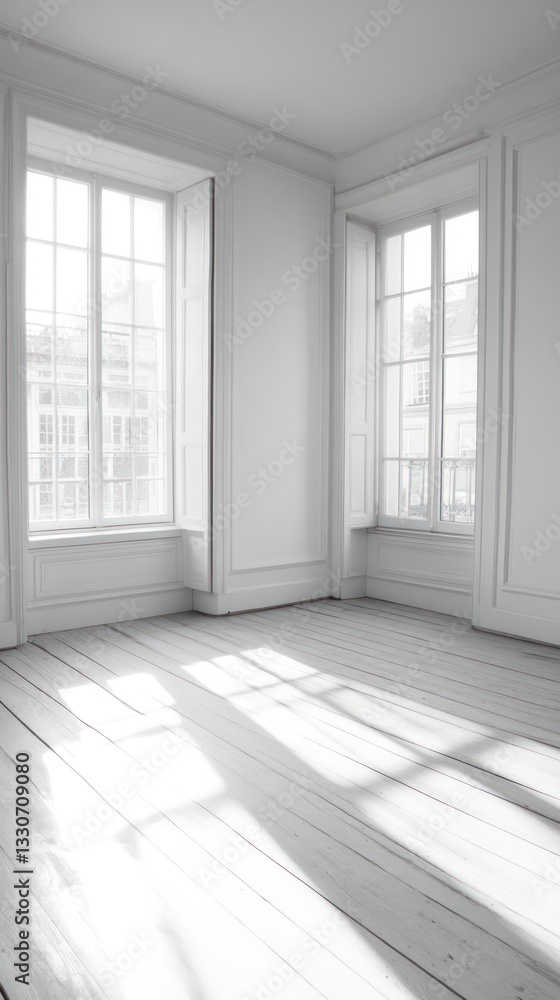 Fototapeta premium Sunlight streams into empty white room, hardwood floor, city view, real estate