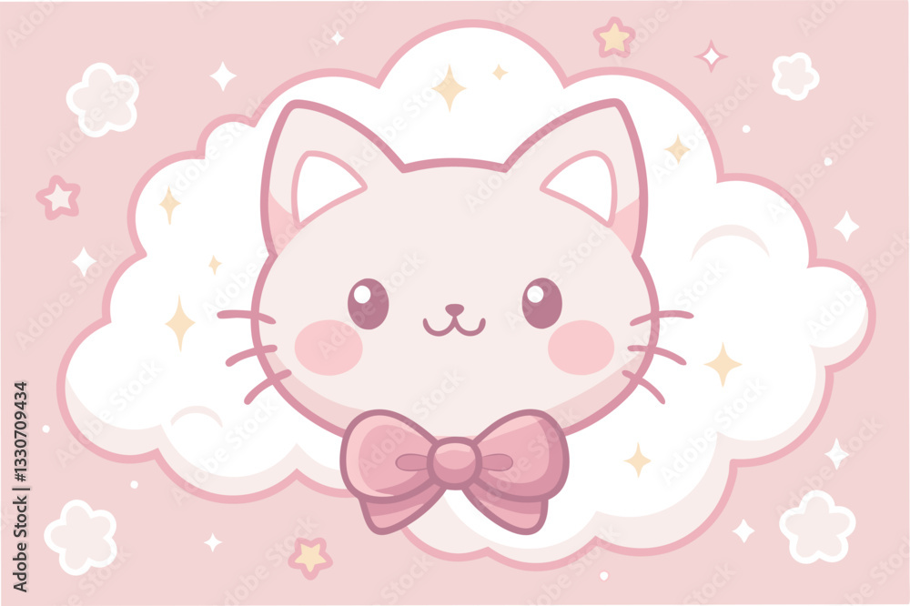 Cute pink cat illustration with a bow surrounded by clouds and stars, perfect for children's decor or stationery Cute pink cat illustration with a bow surrounded by clouds and stars, perfect for children's decor or stationery