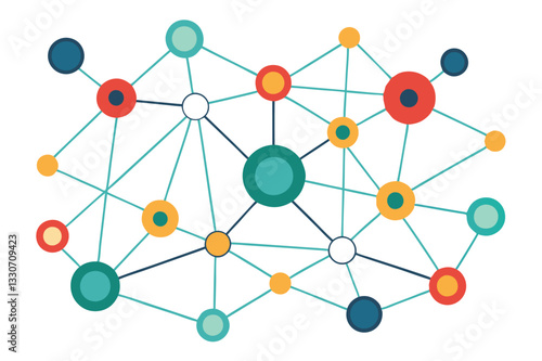 Connecting various nodes in a colorful vector illustration representing data networks and relationships in a digital world