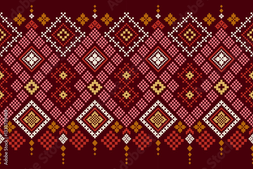 Cross Stitch Geometric ethnic patterns. Design for Saree, Patola, Sari, Dupatta, dupatta, Clothing, fabric, batik, Knitwear, Embroidery, Pixel ethnic pattern. Traditional Design. Pixel art