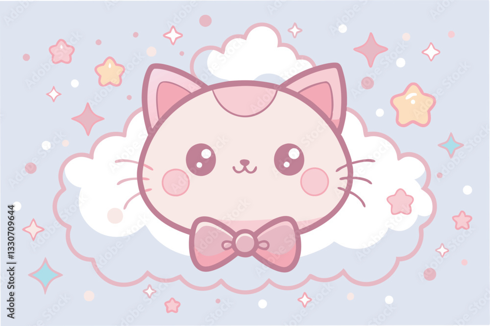 Cute pink cat illustration with a bow surrounded by clouds and stars, perfect for children's decor or stationery Cute pink cat illustration with a bow surrounded by clouds and stars, perfect for children's decor or stationery