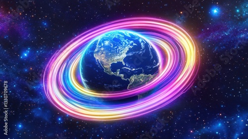 Colorful Cosmic Swirl Around Earth in a Vibrant Space Background