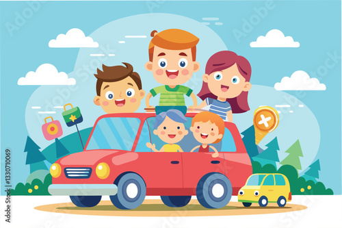 Group of happy children celebrating a birthday with a surprise gift while riding in a colorful car through a scenic landscape